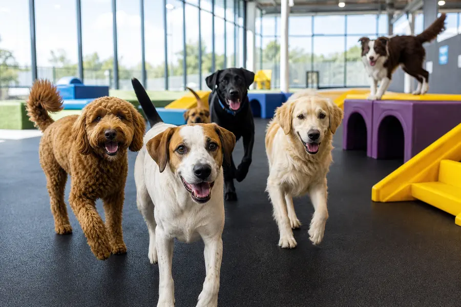 Several dogs in a bright indoor play space with colourful obstacles.