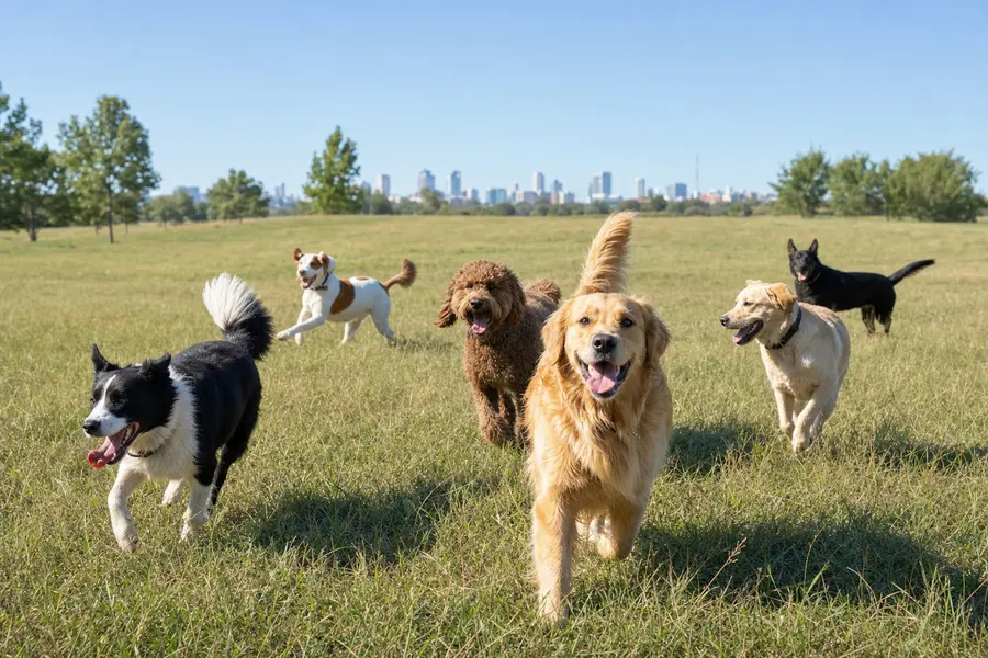 Several dogs running and standing in a sunny grassy field.