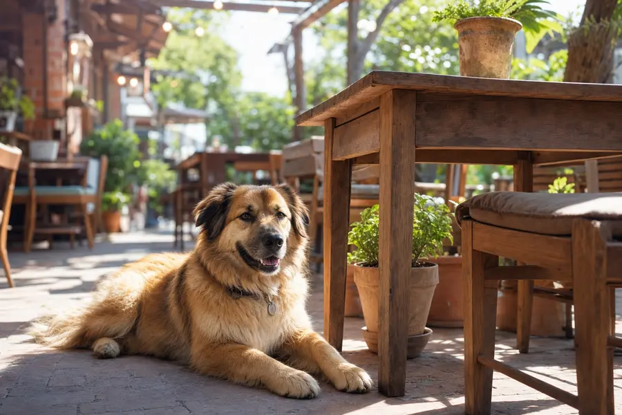 Dog lying on a patio beside wooden tables and chairs.
