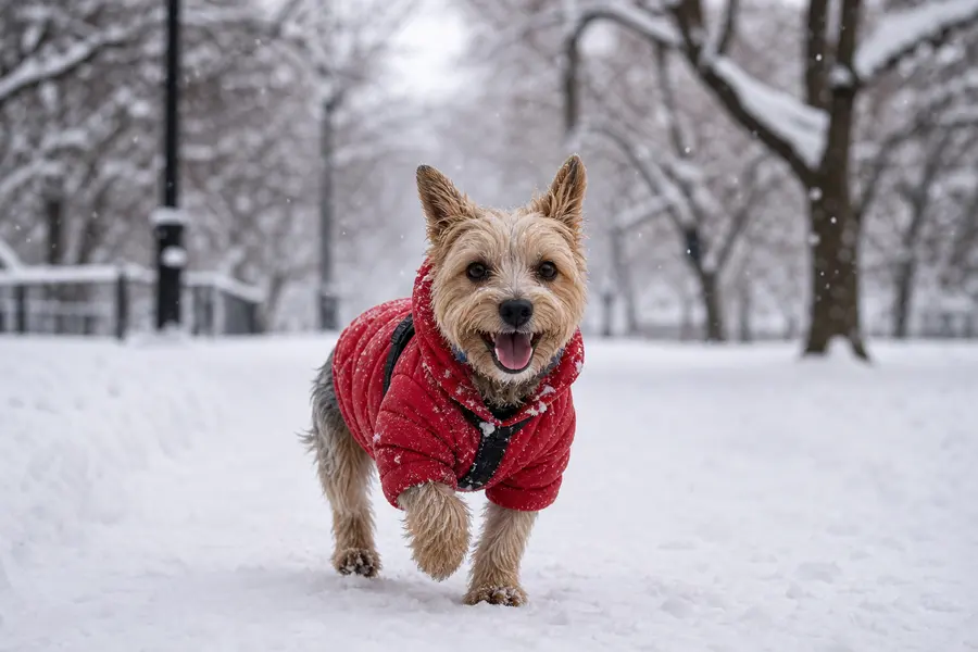 Small dog wearing a red coat while walking through falling snow.
