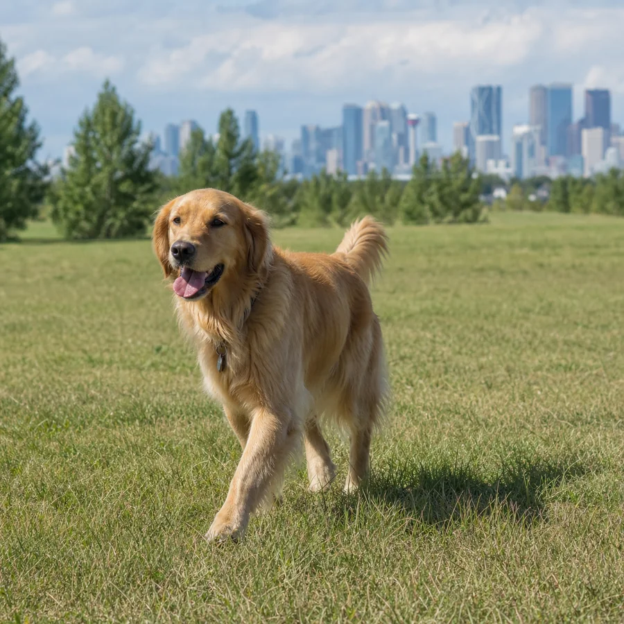 Dog in a field with a city skyline Golden-coloured dog standing in a grassy field with a distant city skyline.