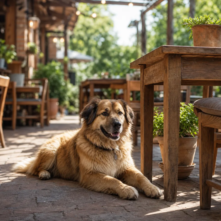 Dog relaxing beneath patio tables Fluffy brown dog lying beneath wooden tables on a sunlit patio.