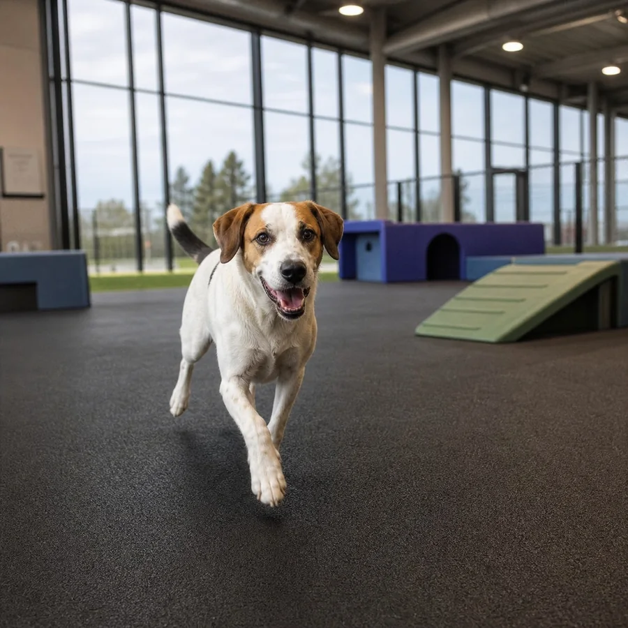White and brown dog walking towards the camera in an indoor play area.
