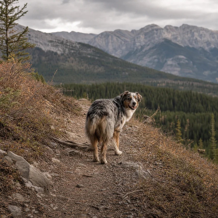 Shaggy dog standing on a mountain trail with forested peaks behind it.