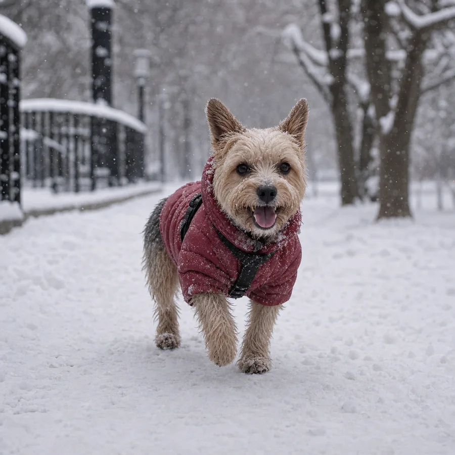 Small dog wearing a red coat on a snowy path.