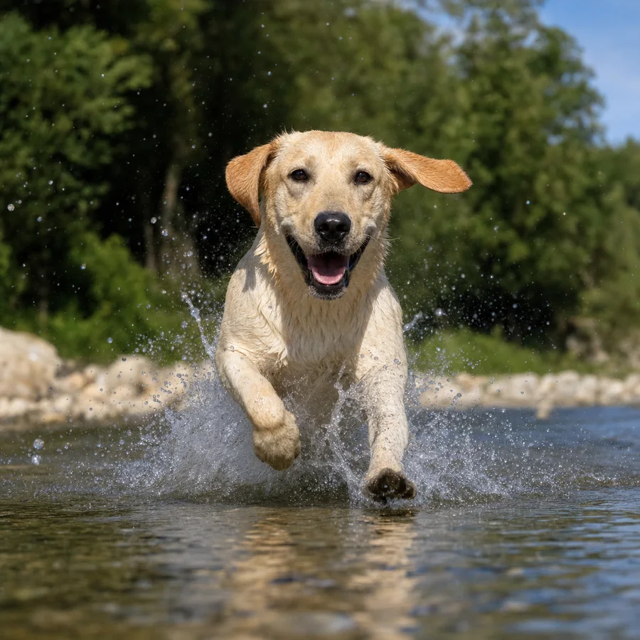 Light-coloured dog running through shallow water and splashing towards the camera.